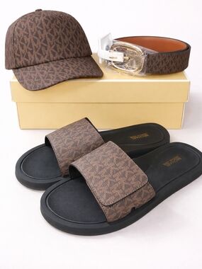 🆕Michael Kors MK Logo Slides + Matching Hat & Belt Set Brown Monogram Designer